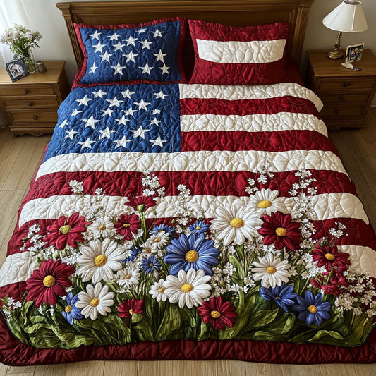 Flag and Flowers 3-Piece Quilted Bedding Set