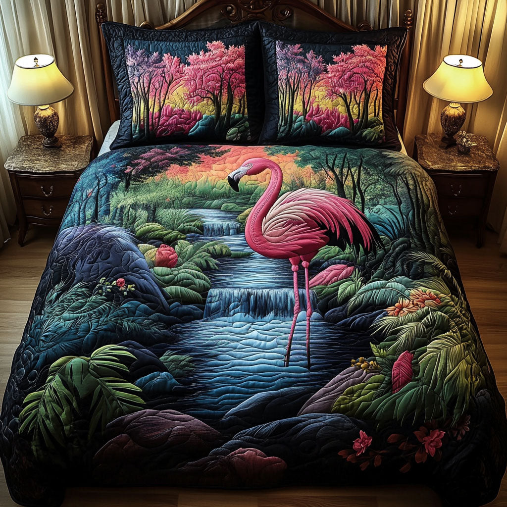 Flamingo Forest 3-Piece Quilted Bedding Set