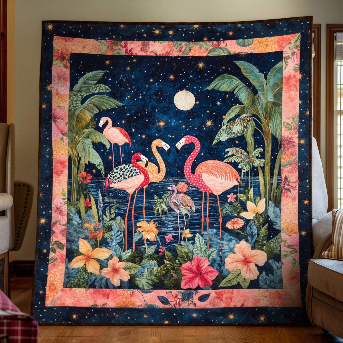 Flamingo Night Quilted Blanket