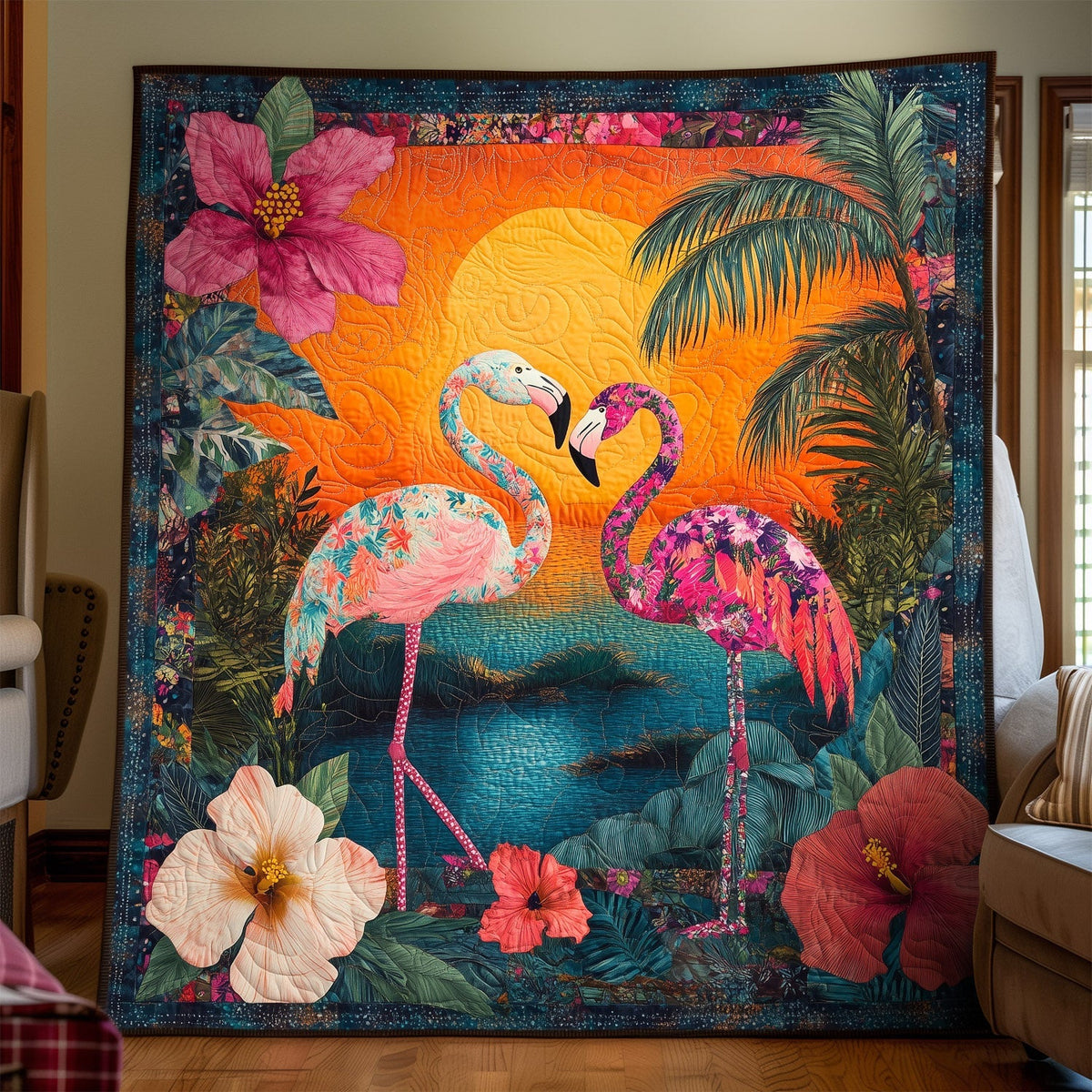 Flamingo Sunset Quilted Blanket