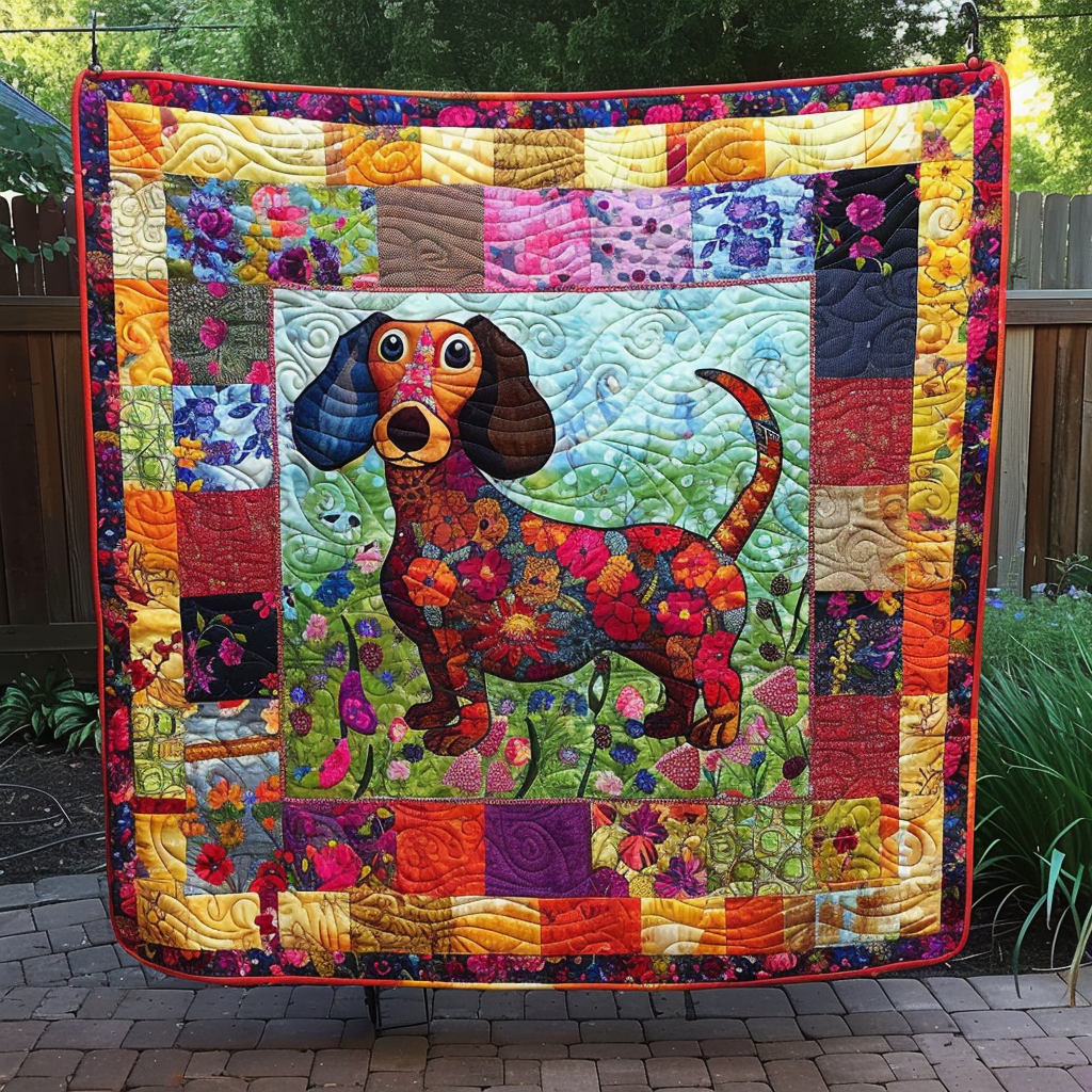 Floral Dachshund Quilted Blanket