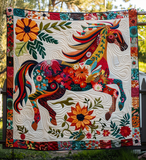 Floral Horse Charm Quilted Blanket