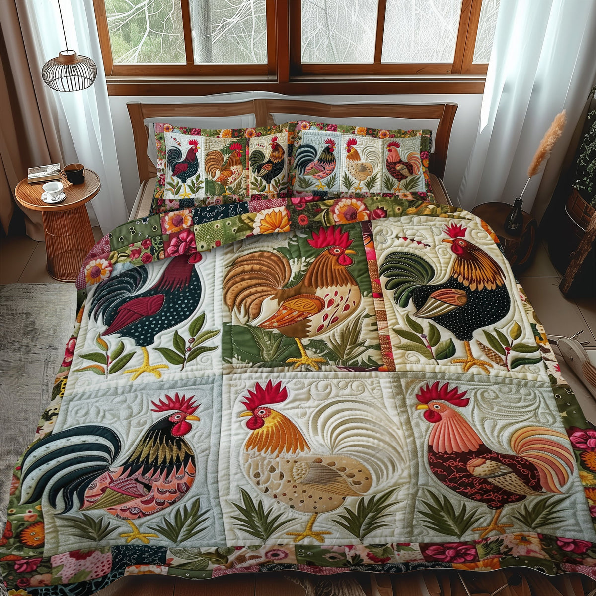 Floral Rooster 3-Piece Quilted Bedding Set