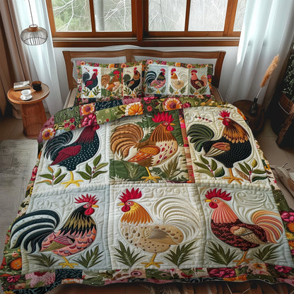 Floral Rooster 3-Piece Quilted Bedding Set