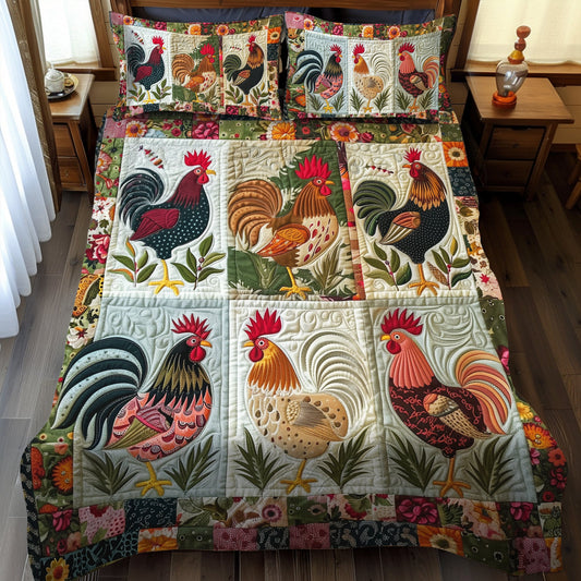 Floral Rooster 3-Piece Quilted Bedding Set