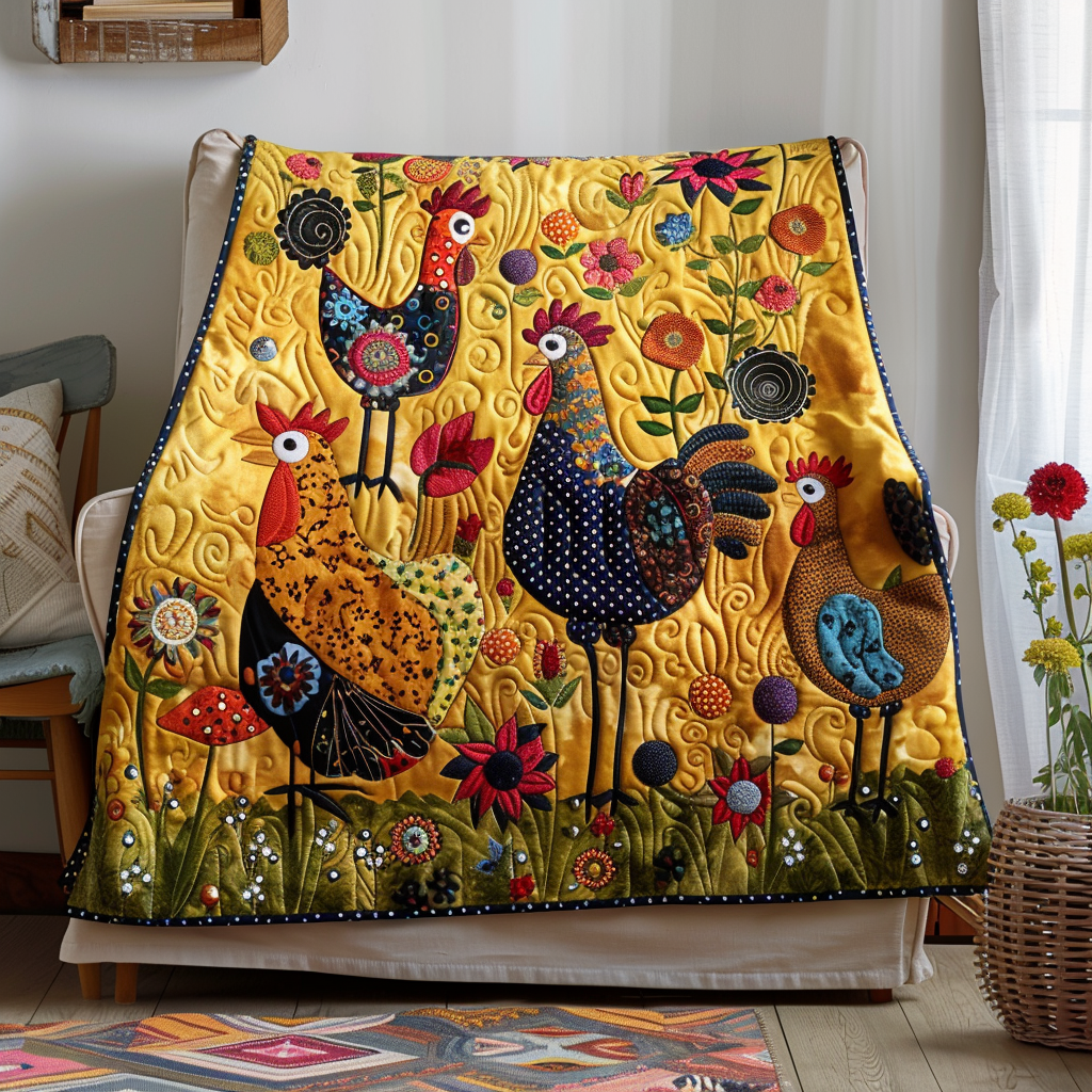 Floral Rooster Radiance Quilted Blanket