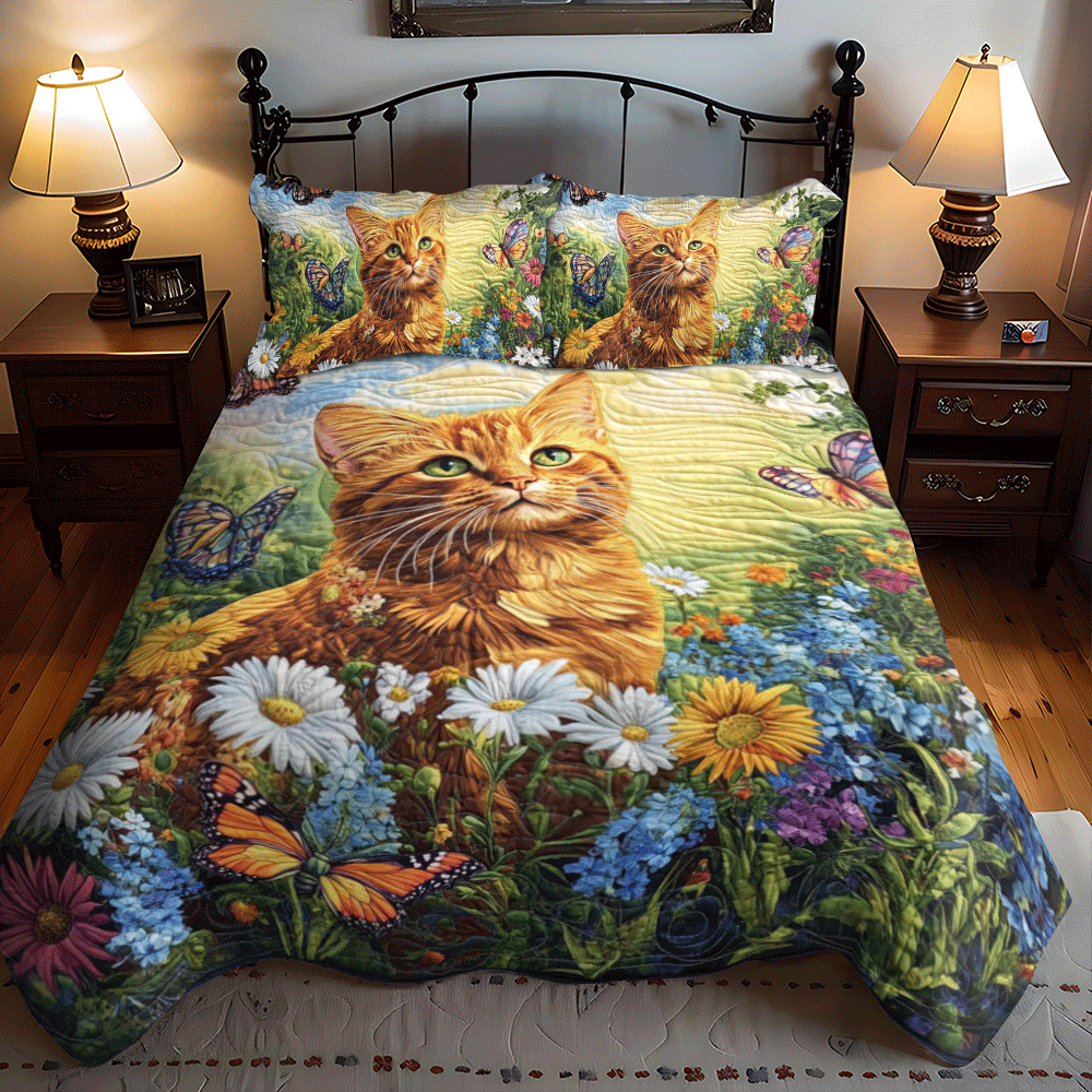 Floral Daisy Cat 3-Piece Quilted Bedding Set