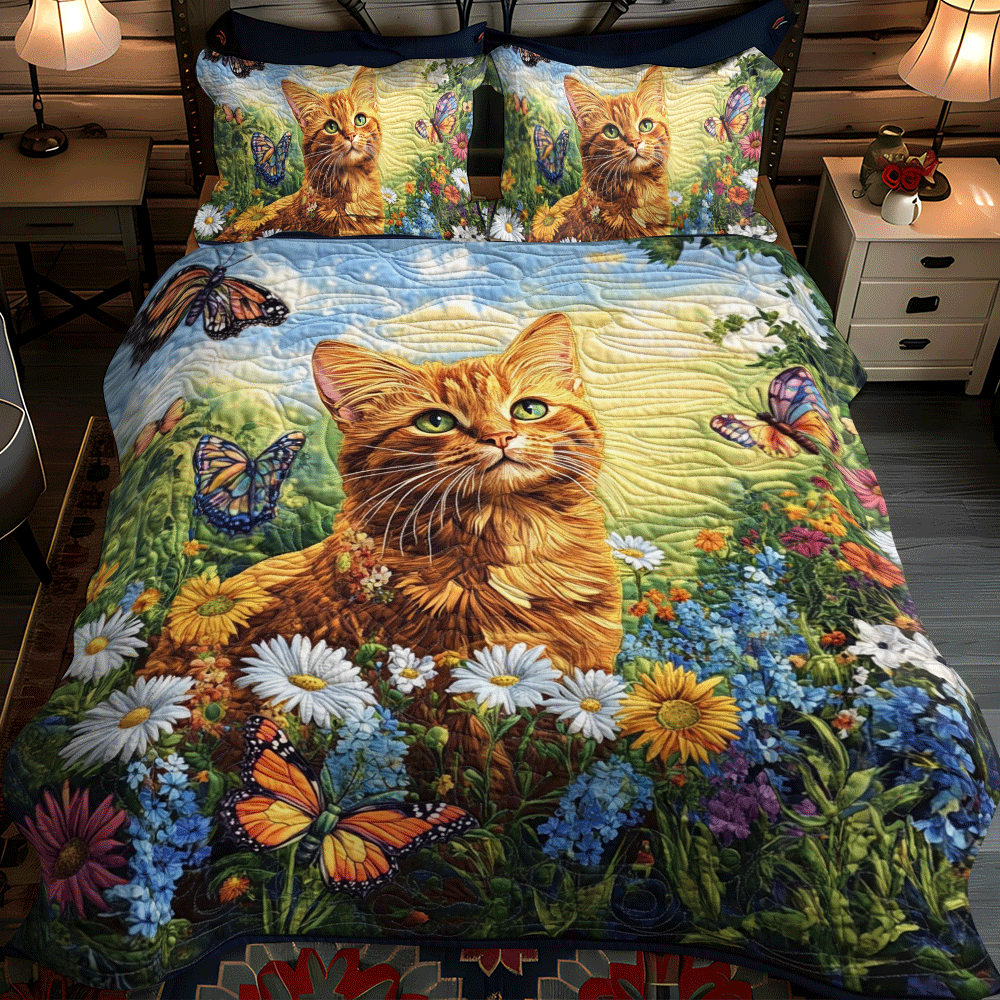 Floral Daisy Cat 3-Piece Quilted Bedding Set