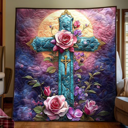 Floral Faith Cross Quilted Blanket