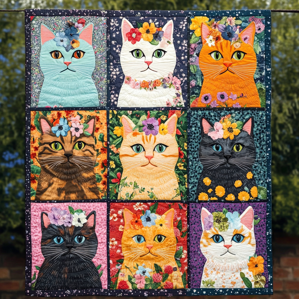 Floral Feline Fantasy Quilted Blanket