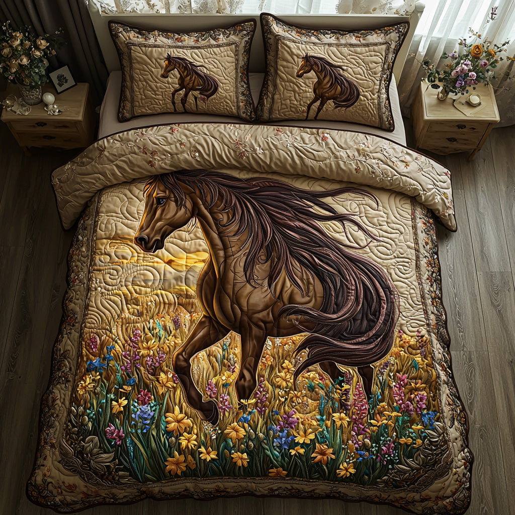 Floral Horse 3-Piece Quilted Bedding Set