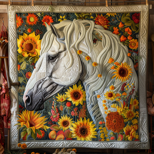 Floral Sunflower Horse Quilted Blanket