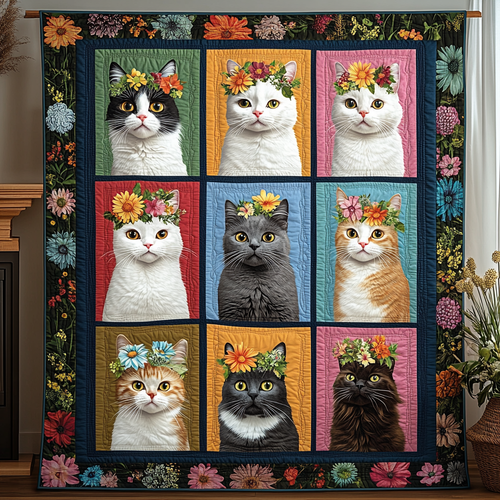 Flower Crown Felines Quilted Blanket