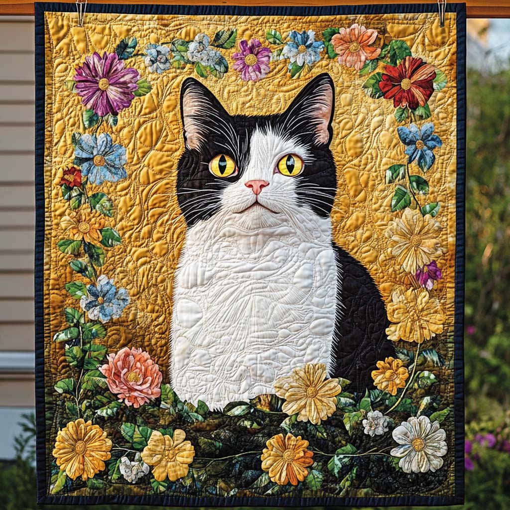 Flowered Feline Quilted Blanket