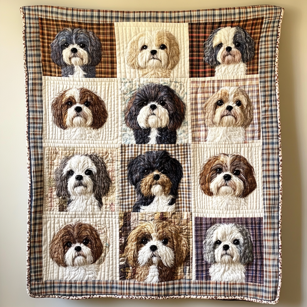 Fluffy Shih Tzu Friends Quilted Blanket