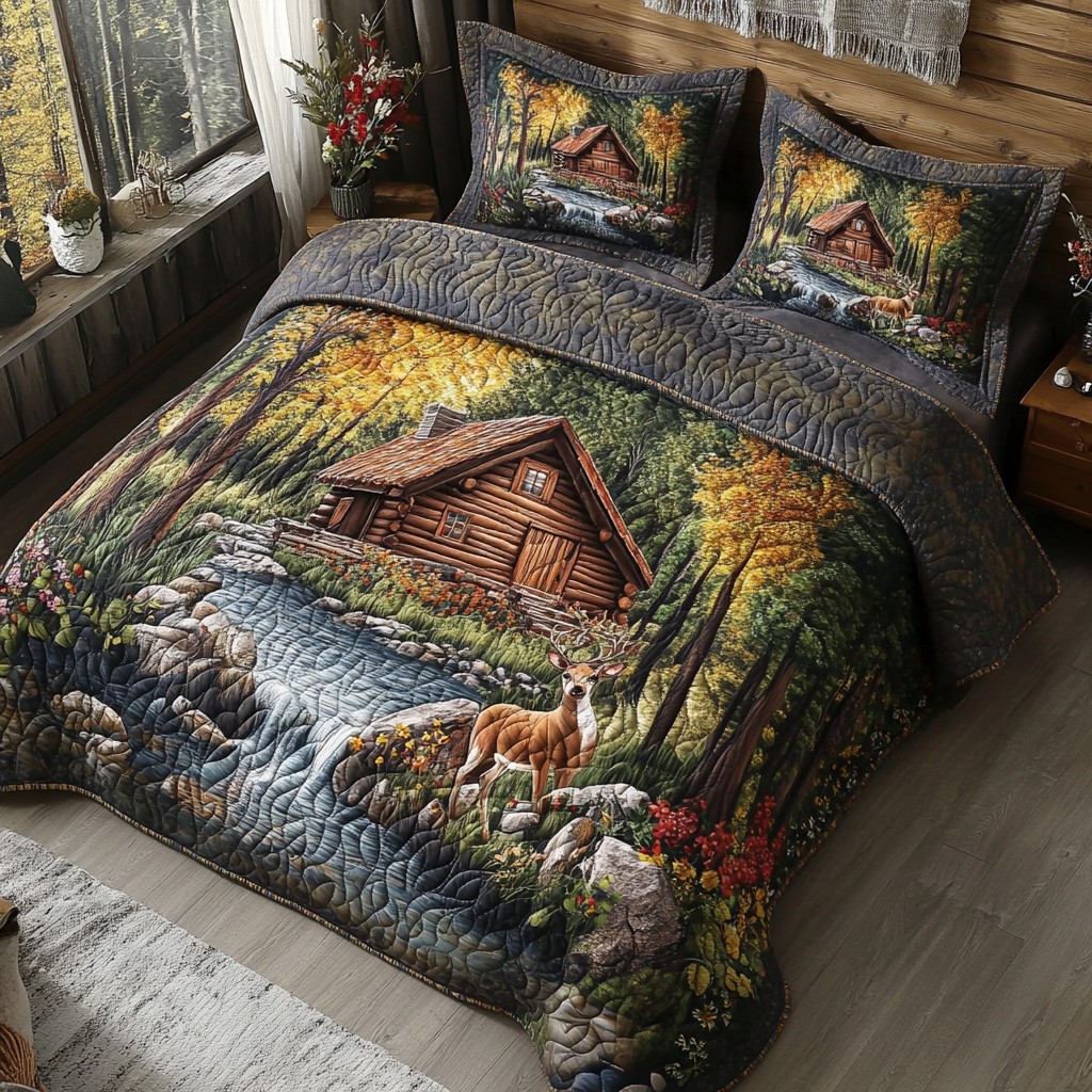 Forest Deer Lodge 3-Piece Quilted Bedding Set