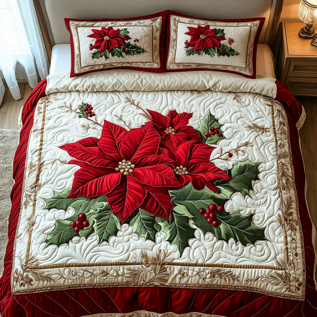 Frosted Poinsettia 3-Piece Quilted Bedding Set