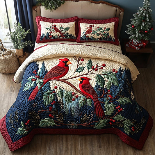 Frosty Cardinals 3-Piece Quilted Bedding Set
