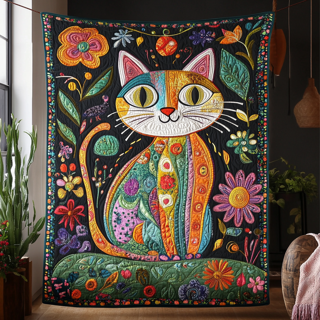 Funky Cat Quilted Blanket