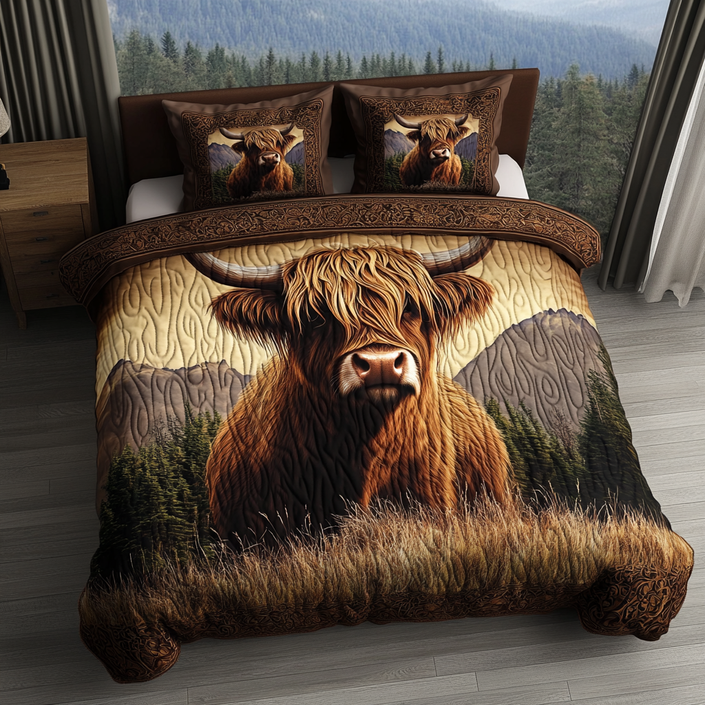 Highland Cow 3-Piece Quilted Bedding Set