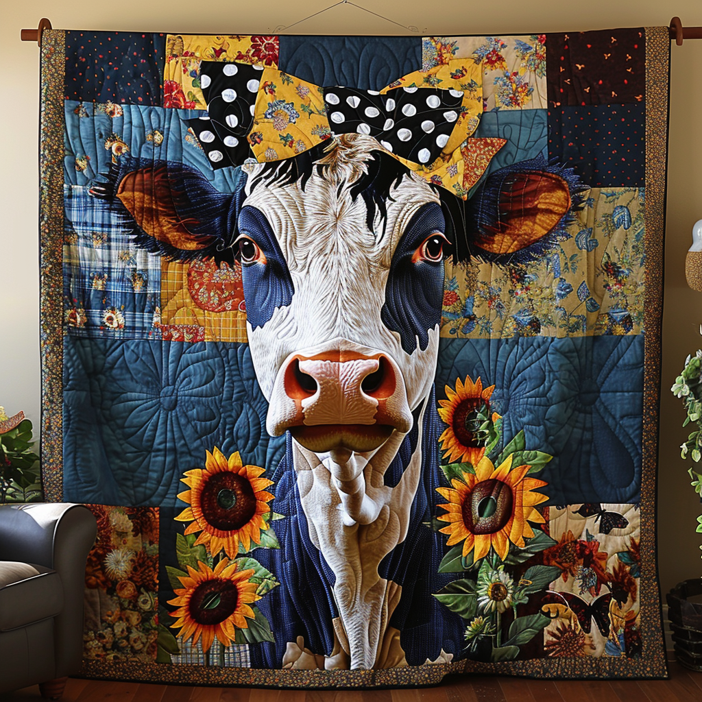 Genteel Sunflower Cow Quilted Blanket