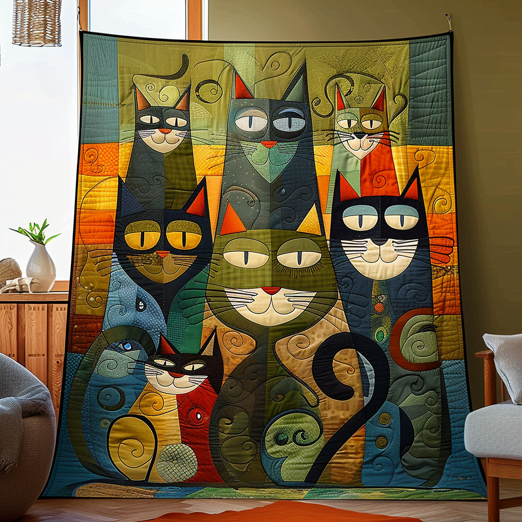 Geometric Cats Quilted Blanket