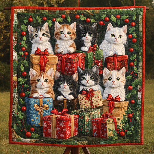 Gift Wrapped Kittens Quilted Blanket
