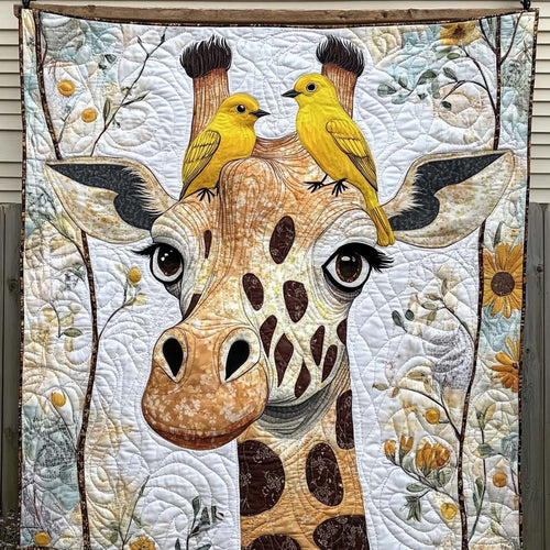 Giraffe With Feathered Friends Quilted Blanket
