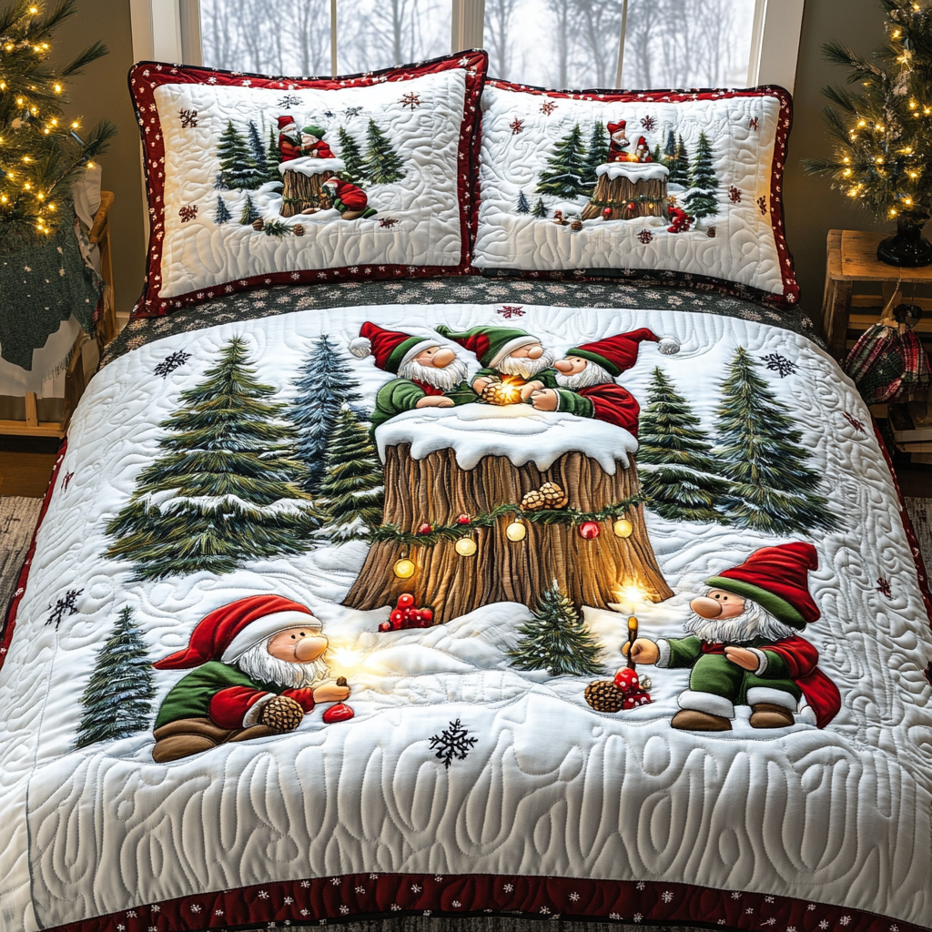 Gnome Gathering 3-Piece Quilted Bedding Set
