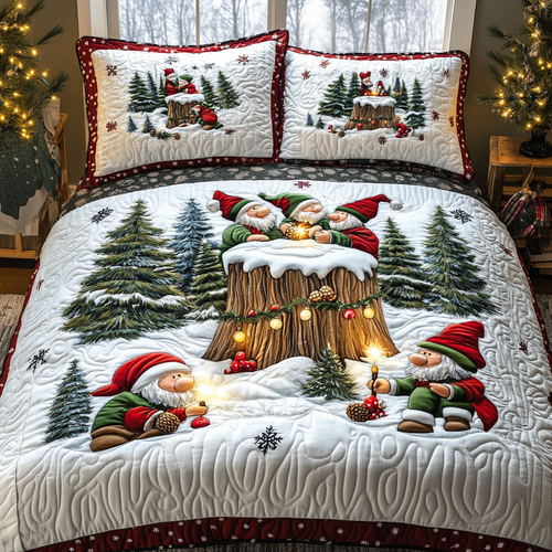 Gnome Gathering 3-Piece Quilted Bedding Set