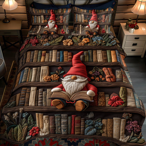 Gnome in the Stacks 3-Piece Quilted Bedding Set