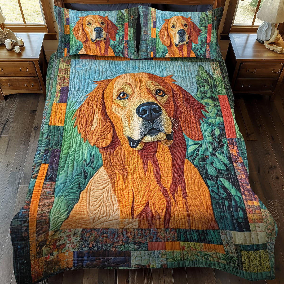 Golden Retriever in the Garden 3-Piece Quilted Bedding Set