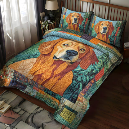 Golden Retriever in the Garden 3-Piece Quilted Bedding Set