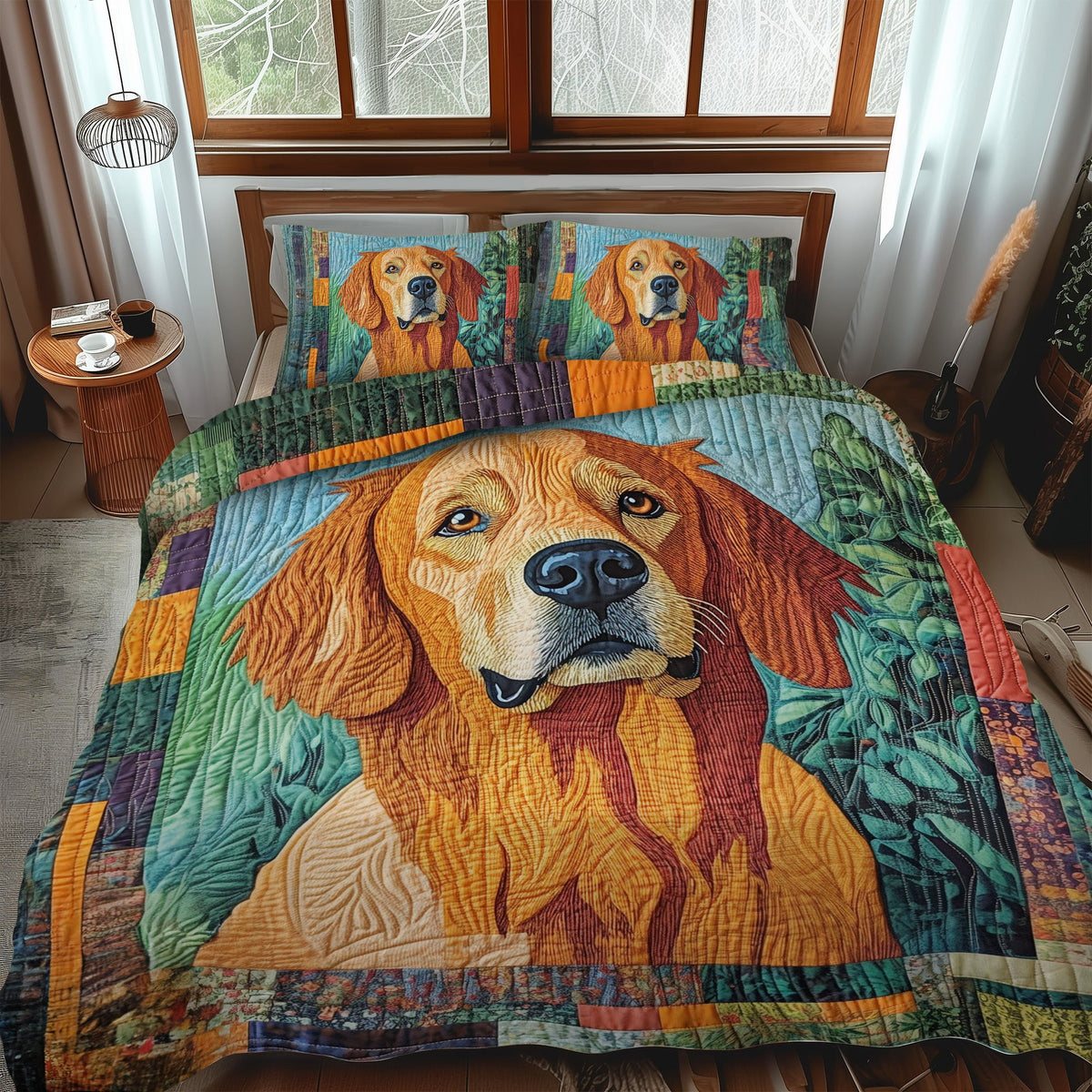 Golden Retriever in the Garden 3-Piece Quilted Bedding Set