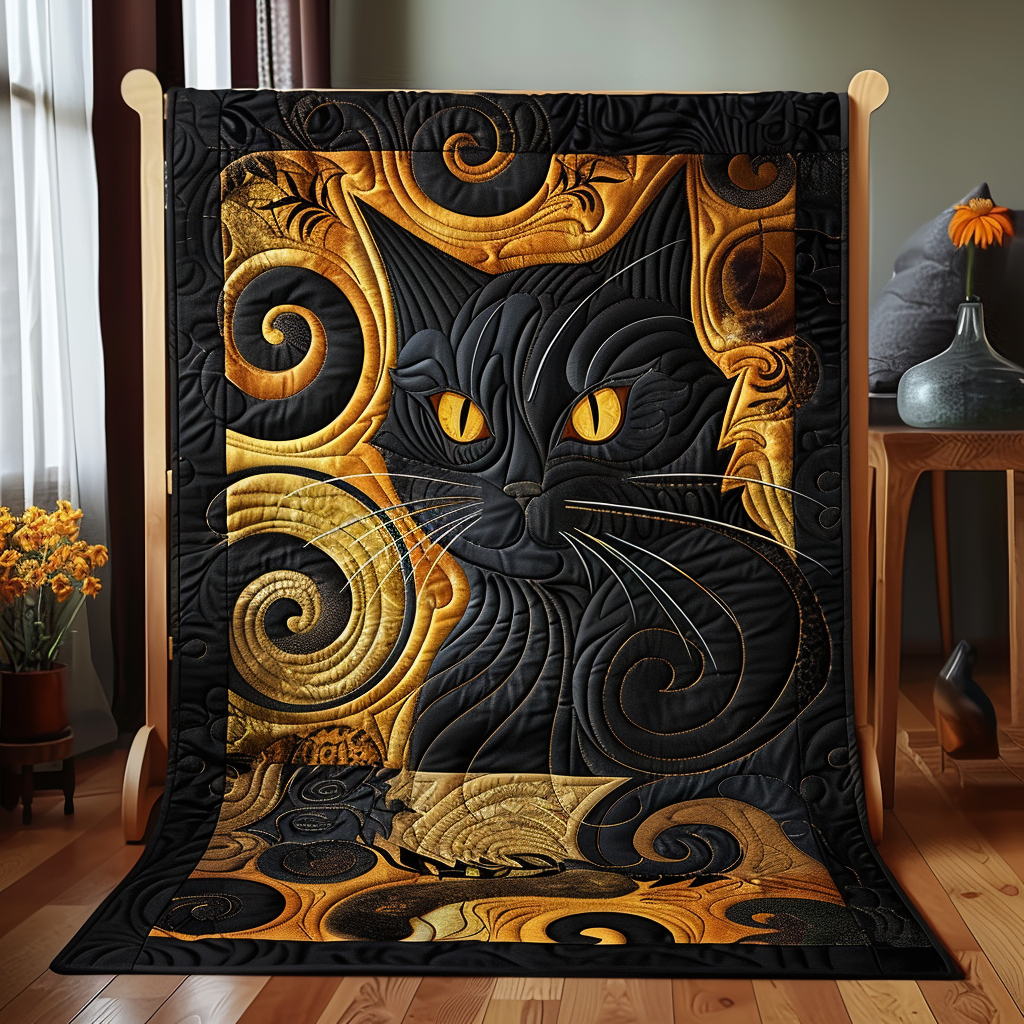 Golden Black Cat Quilted Blanket