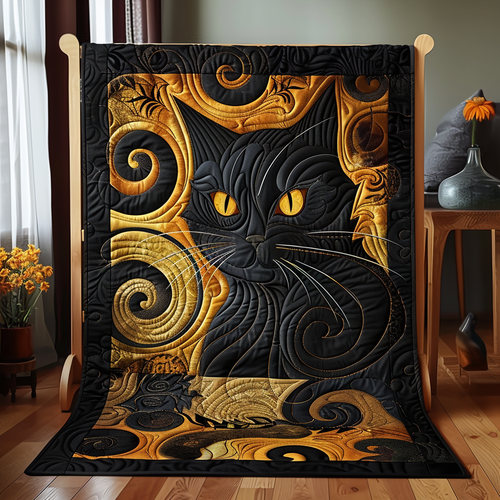 Golden Black Cat Quilted Blanket