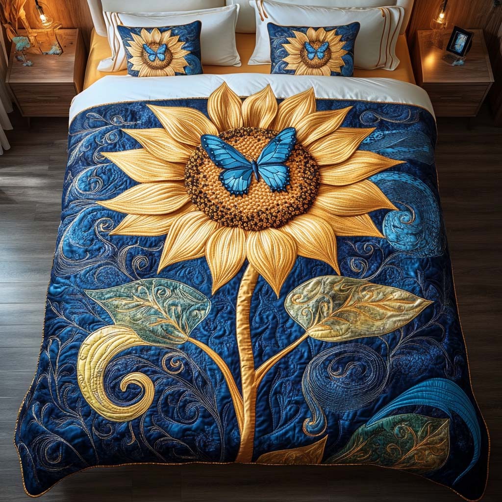 Golden Butterfly Glow 3-Piece Quilted Bedding Set