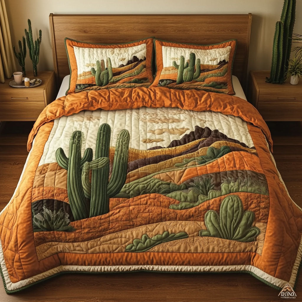 Golden Cactus Haven 3-Piece Quilted Bedding Set