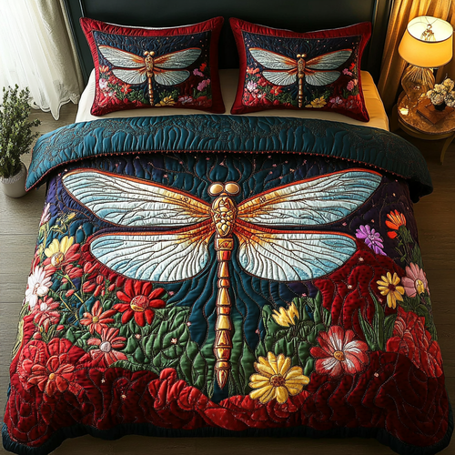 Golden Dragonfly 3-Piece Quilted Bedding Set