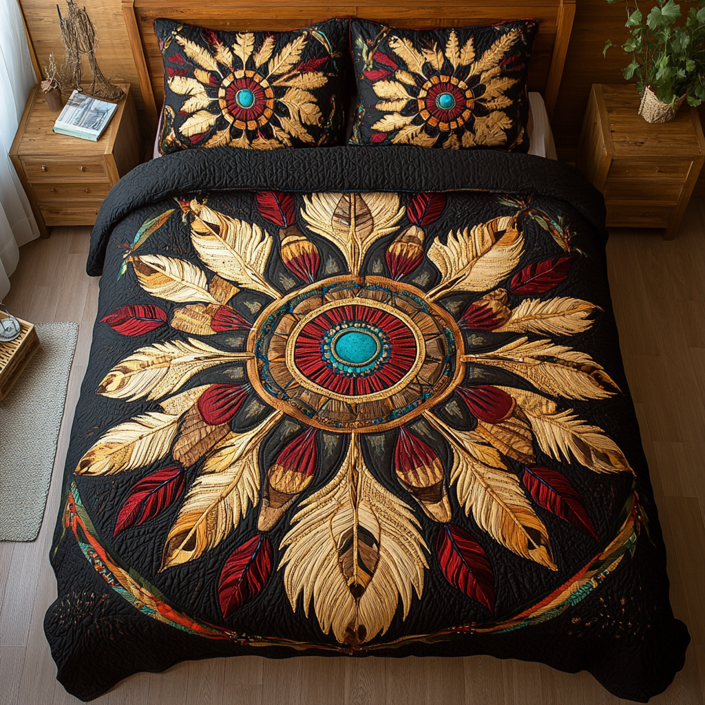 Golden Feather Mandala 3-Piece Quilted Bedding Set