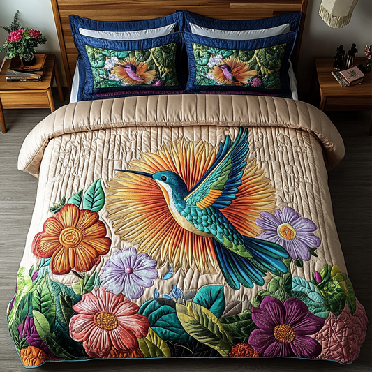Golden Glow Hummingbird 3-Piece Quilted Bedding Set