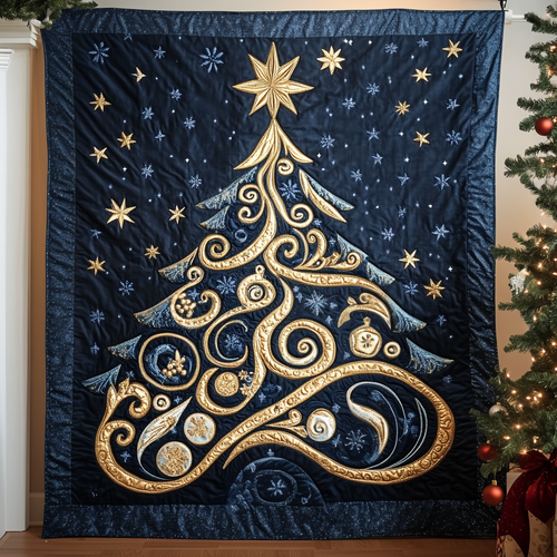 Golden Holiday Tree Quilted Blanket
