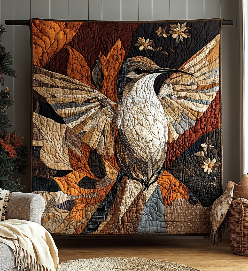 Golden Leaf Hummingbird Quilted Blanket