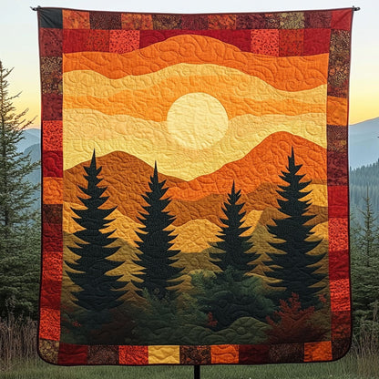 Golden Pine Sunset Quilted Blanket