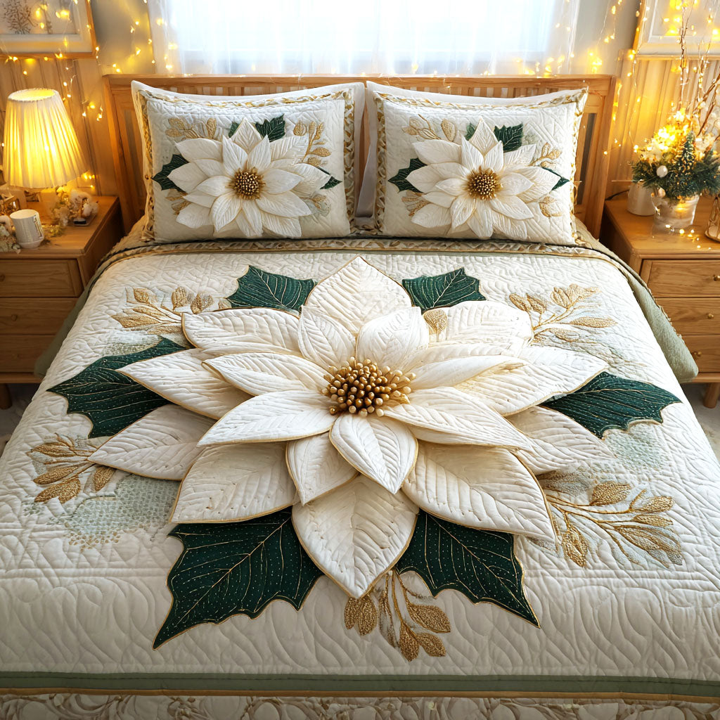 Golden Poinsettia Bloom 3-Piece Quilted Bedding Set