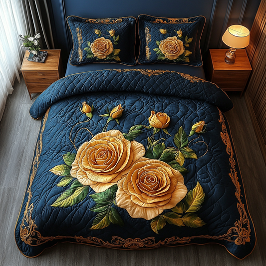 Golden Roses Grace 3-Piece Quilted Bedding Set