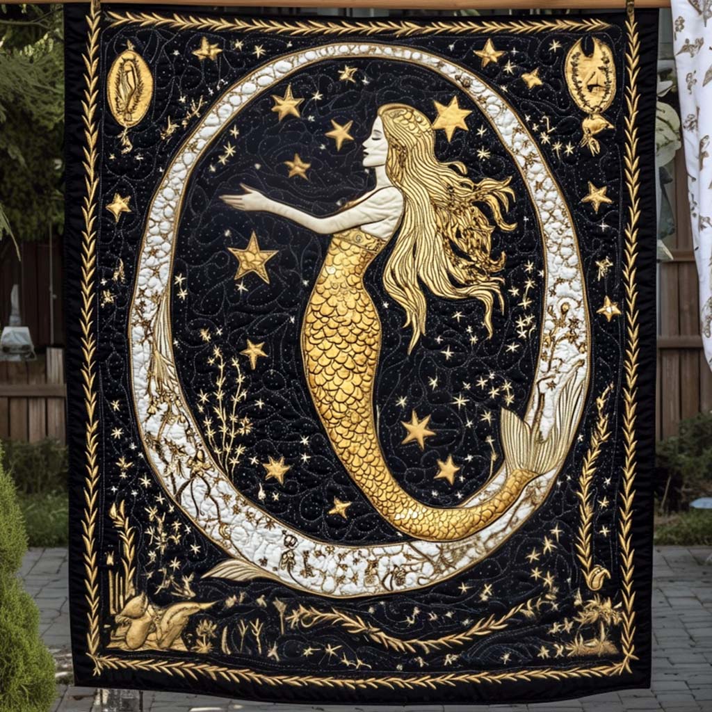 Golden Starry Mermaid Quilted Blanket