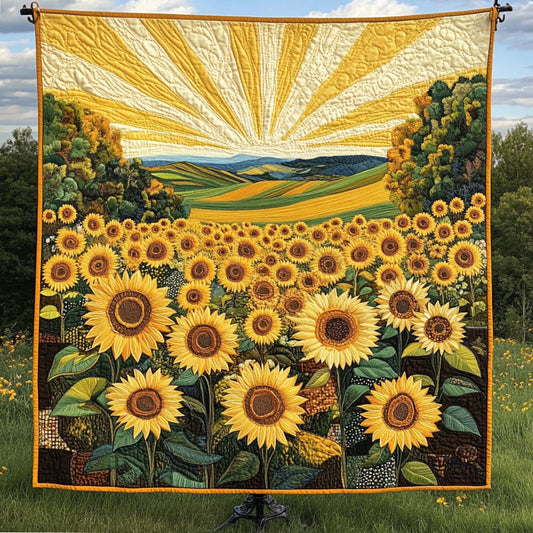 Golden Sunflower Field Quilted Blanket