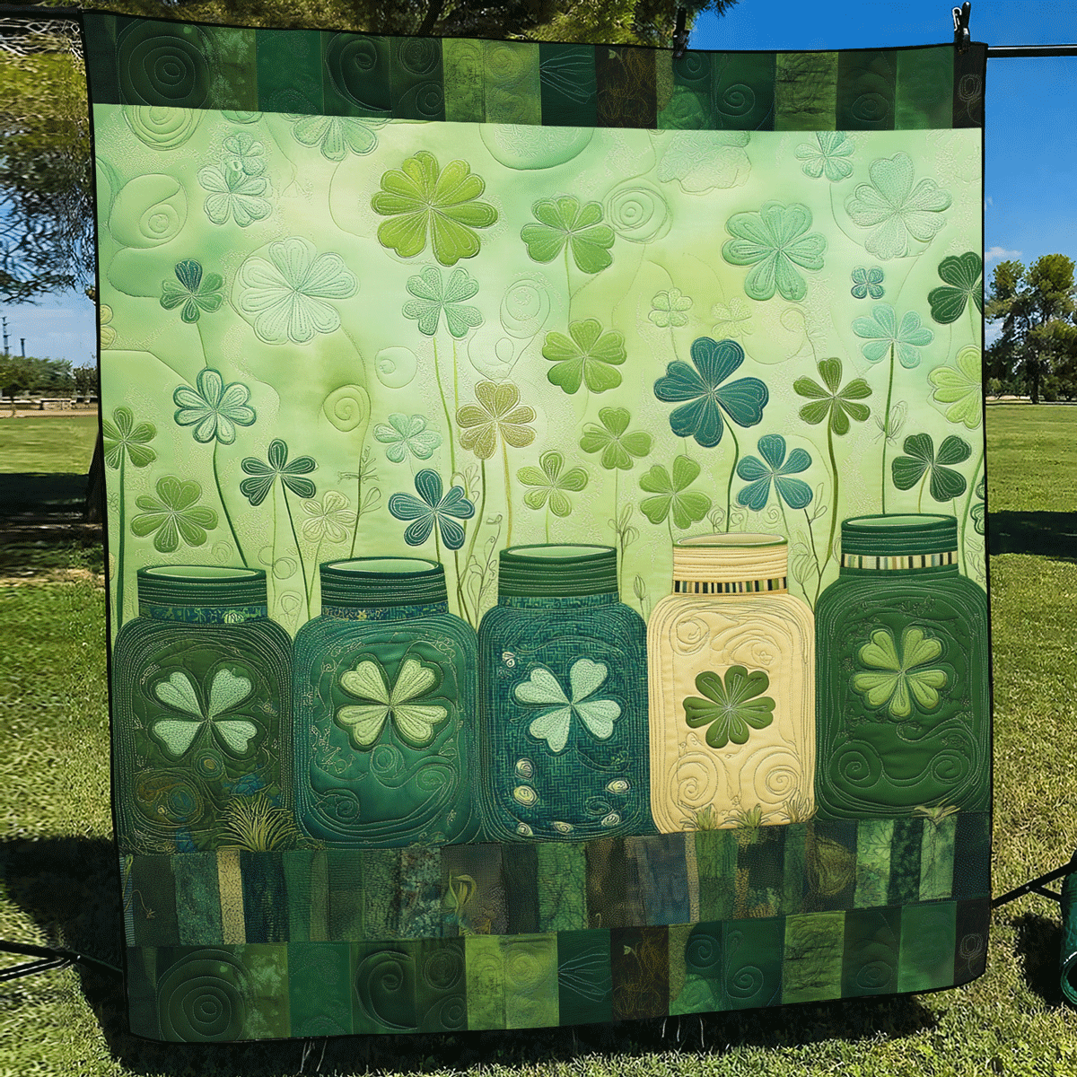 Green Jar Whimsy Quilted Blanket