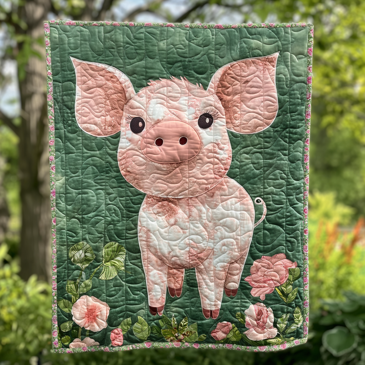 Green Pasture Pig Quilted Blanket